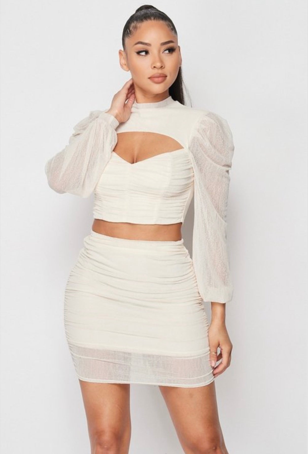 Rossi Sexy Sheer Cutout Puff Sleeved Top and Skirt Set