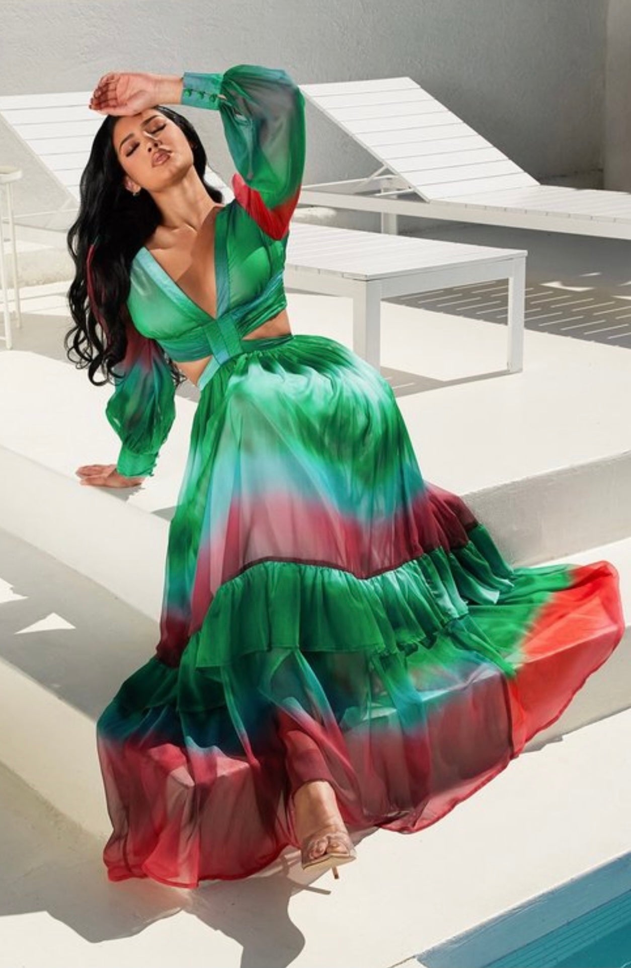 Venetian Ombre Cutout Tiered Maxi Dress