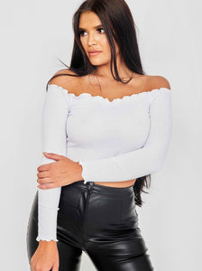 Frill Detail Ribbed Bardot Crop Top