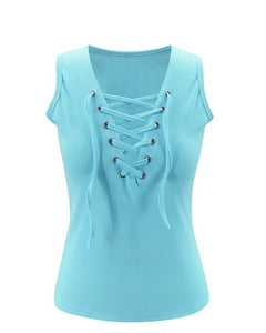 Eyelet Lace-Up Sleeveless Ribbed Top