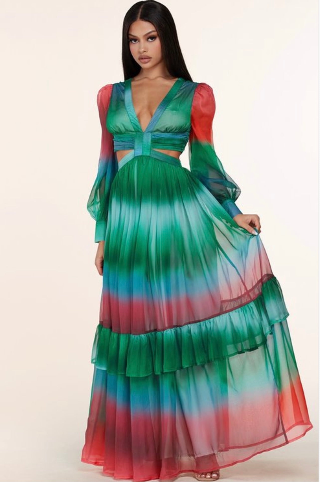 Venetian Ombre Cutout Tiered Maxi Dress