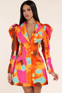 Celeste  Pink Mold Print Puff Sleeve Blazer Dress