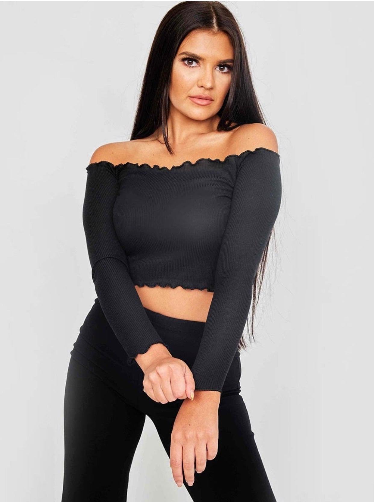 Frill Detail Ribbed Bardot Crop Top