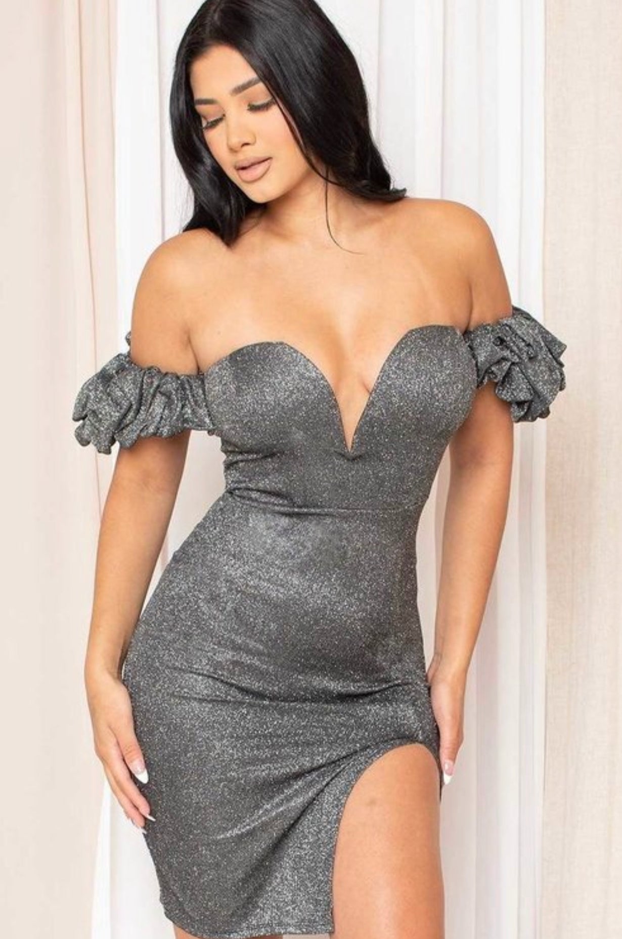 Darling Glitter Off Shoulder Midi Dress V - Neck