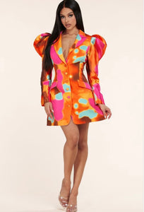 Celeste  Pink Mold Print Puff Sleeve Blazer Dress