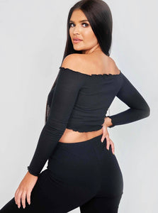 Frill Detail Ribbed Bardot Crop Top