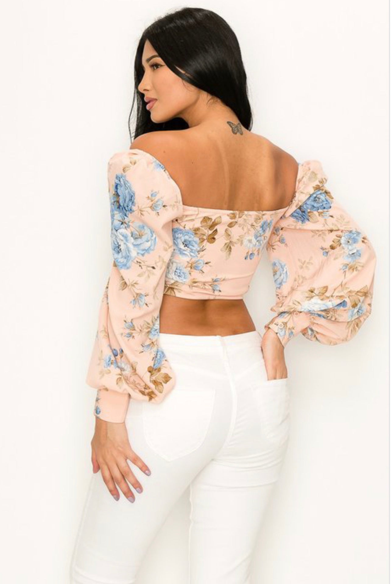 Lauren Long Puff Sleeve Crop Printed Top